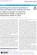 Cover page: Identifying the needs and problems of those left behind, and working with them to address inequities in sexual and reproductive health: a key focus of Reproductive Health for 2020