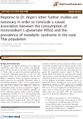 Cover page: Response to Dr. Roger¿s letter: further studies are necessary in order to conclude a causal association between the consumption of monosodium L-glutamate (MSG) and the prevalence of metabolic syndrome in the rural Thai population