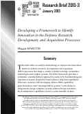 Cover page: Developing a Framework to Identify Innovation in the Defense Research, Development, and Acquistion Processes