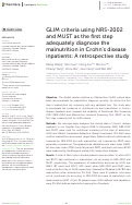 Cover page: GLIM criteria using NRS-2002 and MUST as the first step adequately diagnose the malnutrition in Crohn's disease inpatients: A retrospective study.
