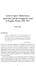 Cover page: Lords of Agave: Eladio Sauza, Agraristas, and the Struggle for Land in Tequila Mexico, 1932-1937.